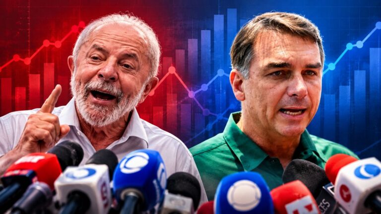 Montagem com Lula e Flávio Bolsonaro diante de microfones de imprensa, sobre fundo com gráficos em vermelho e azul