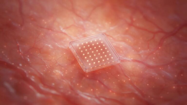 Ilustração de um implante de chip com matriz de eletrodos sobre tecido da retina