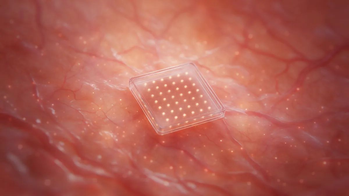 Ilustração de um implante de chip com matriz de eletrodos sobre tecido da retina
