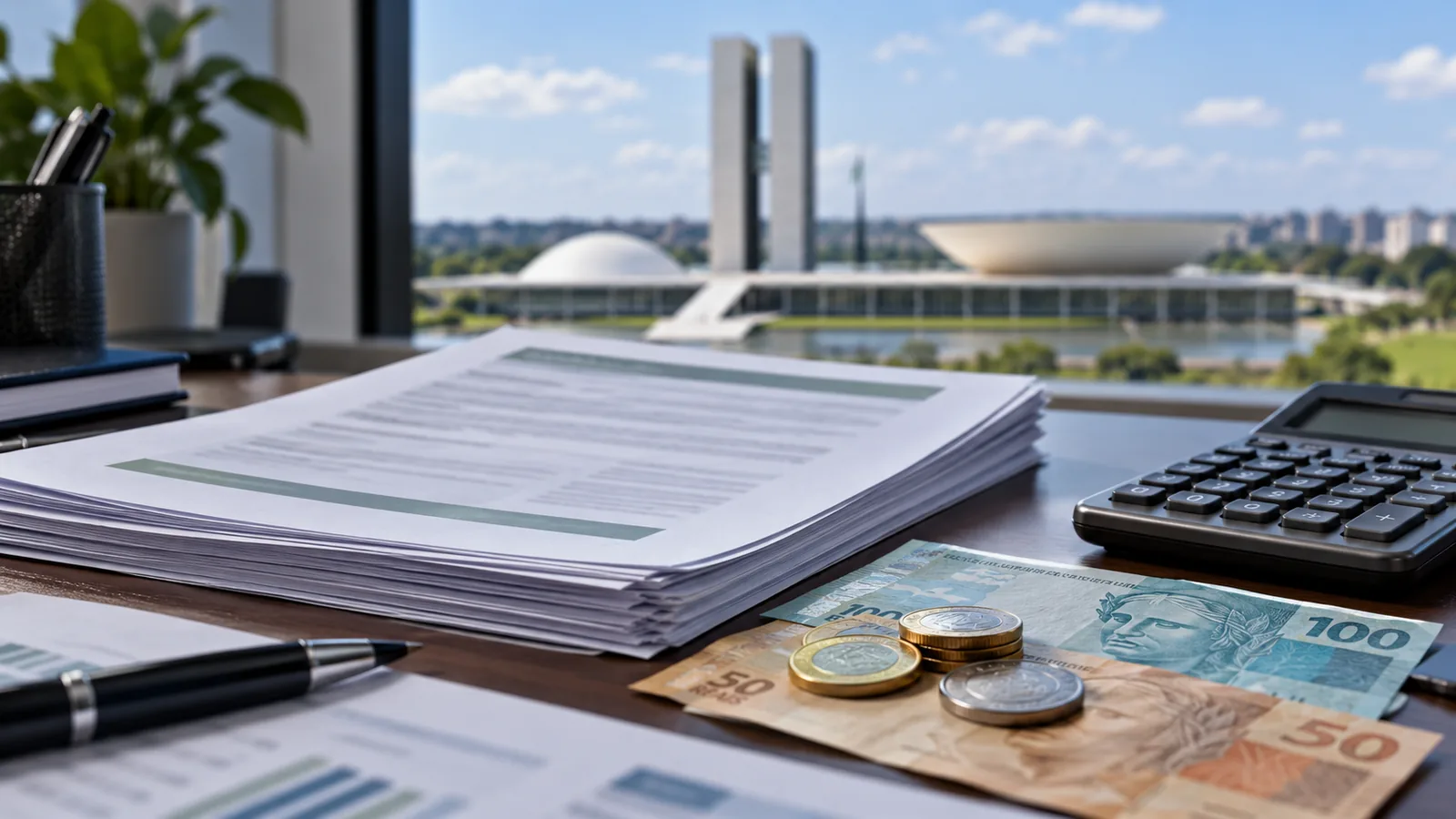 Imagem ilustrativa de documentos orçamentários, calculadora e reais com o Congresso Nacional ao fundo.