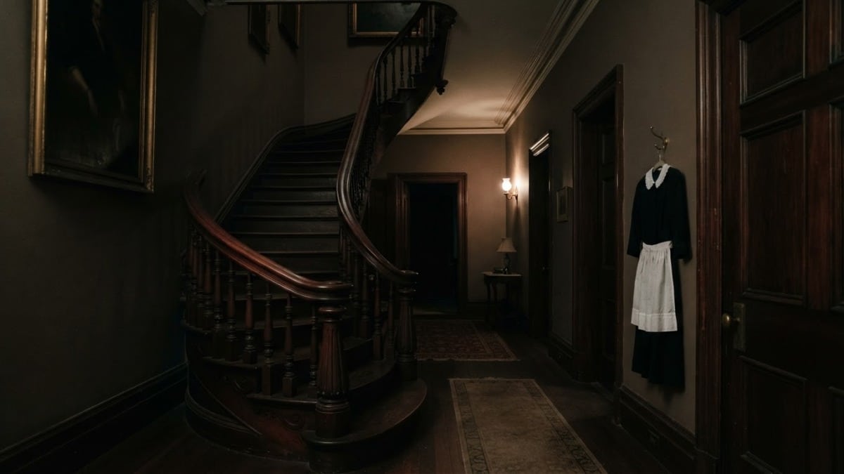Corredor de mansão com escada curva e uniforme de empregada pendurado, ambiente do suspense A Empregada na HBO Max