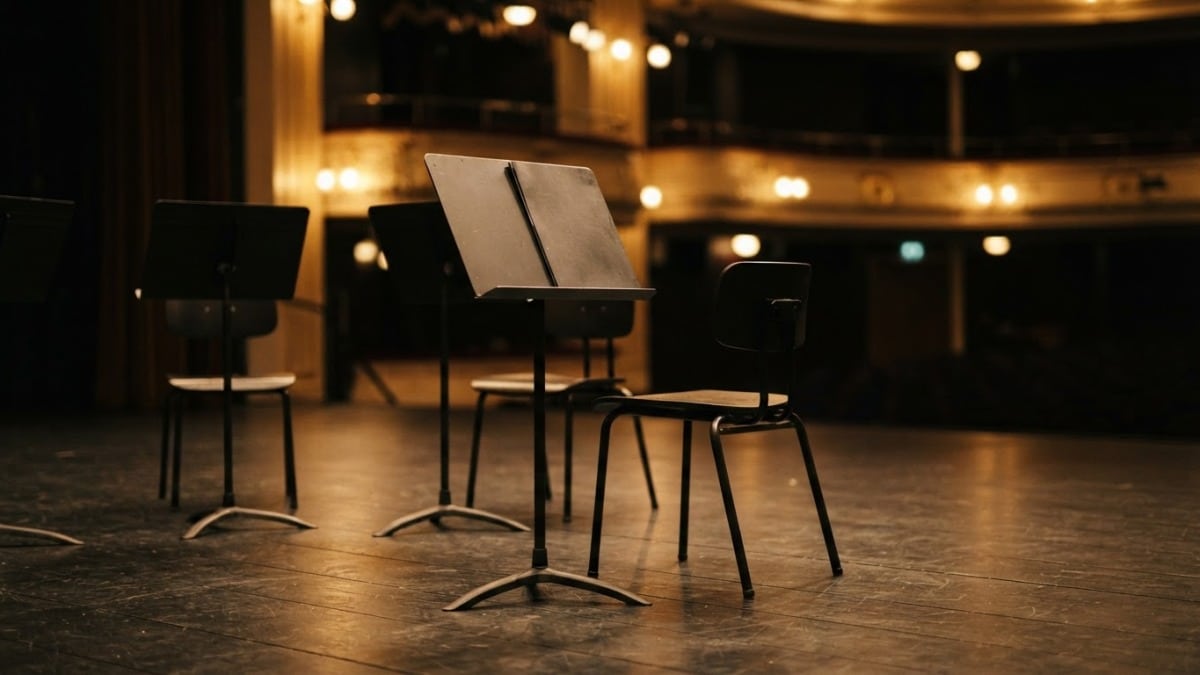 Estantes de partitura e cadeiras pretas em palco de concerto vazio sob luz dourada, para a agenda cultural de Barueri