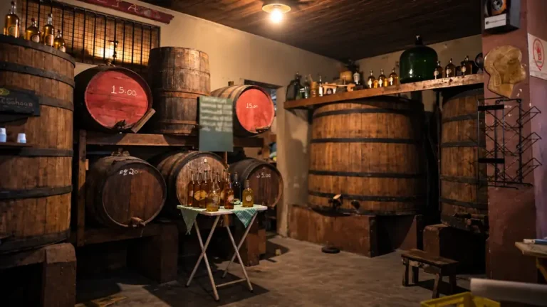 Barris de madeira e garrafas de cachaça artesanal em sala de envelhecimento do Alambique Osiris, em Santana de Parnaíba