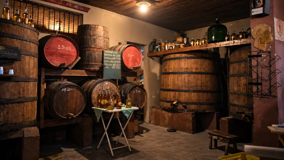 Barris de madeira e garrafas de cachaça artesanal em sala de envelhecimento do Alambique Osiris, em Santana de Parnaíba