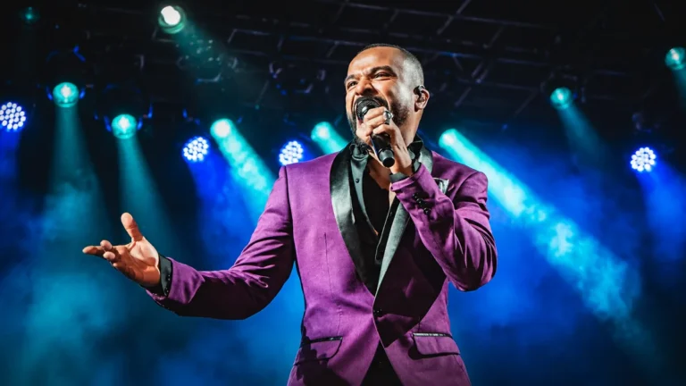 Alexandre Pires canta ao microfone no palco, de paletó roxo com lapela preta, sob luzes azuis e fumaça