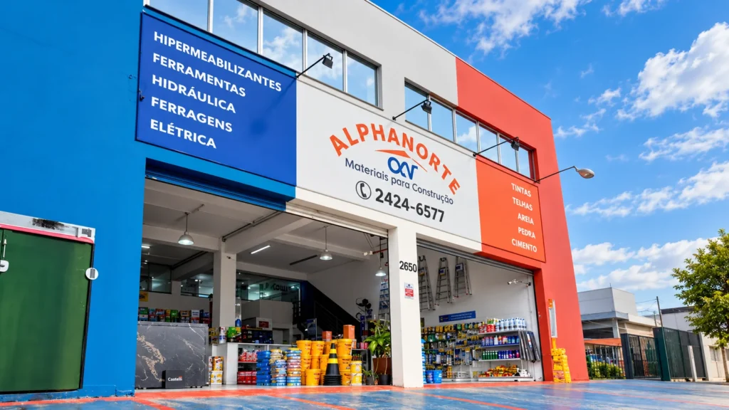 Fachada da Alphanorte, loja de materiais para construção na Estrada Municipal Bela Vista, em Alphaville.