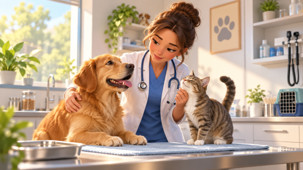 Ilustração genérica gerada por IA para o segmento Clínica veterinária; não representa a unidade real de Amor Pet Consultório Veterinário.