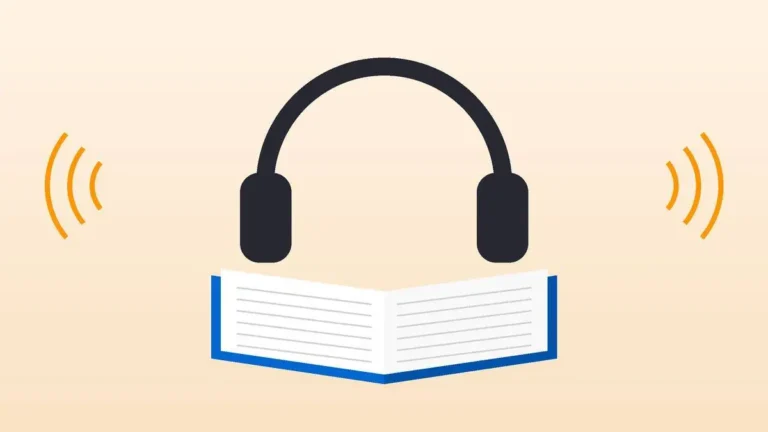 Fone de ouvido sobre livro aberto com ondas sonoras laranja, ilustrando o aplicativo de audiolivros ElevenReader