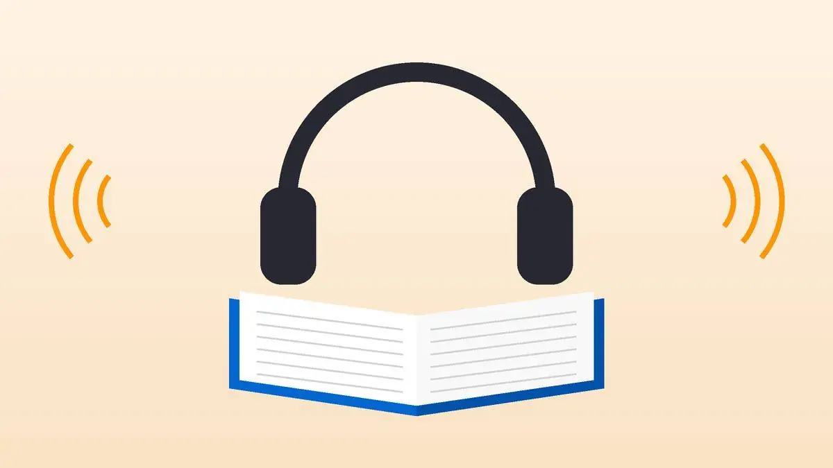Fone de ouvido sobre livro aberto com ondas sonoras laranja, ilustrando o aplicativo de audiolivros ElevenReader
