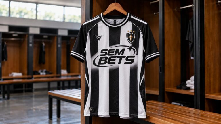Camisa listrada de preto e branco pendurada em um vestiário de estádio, com o patrocínio Sem Bets no centro