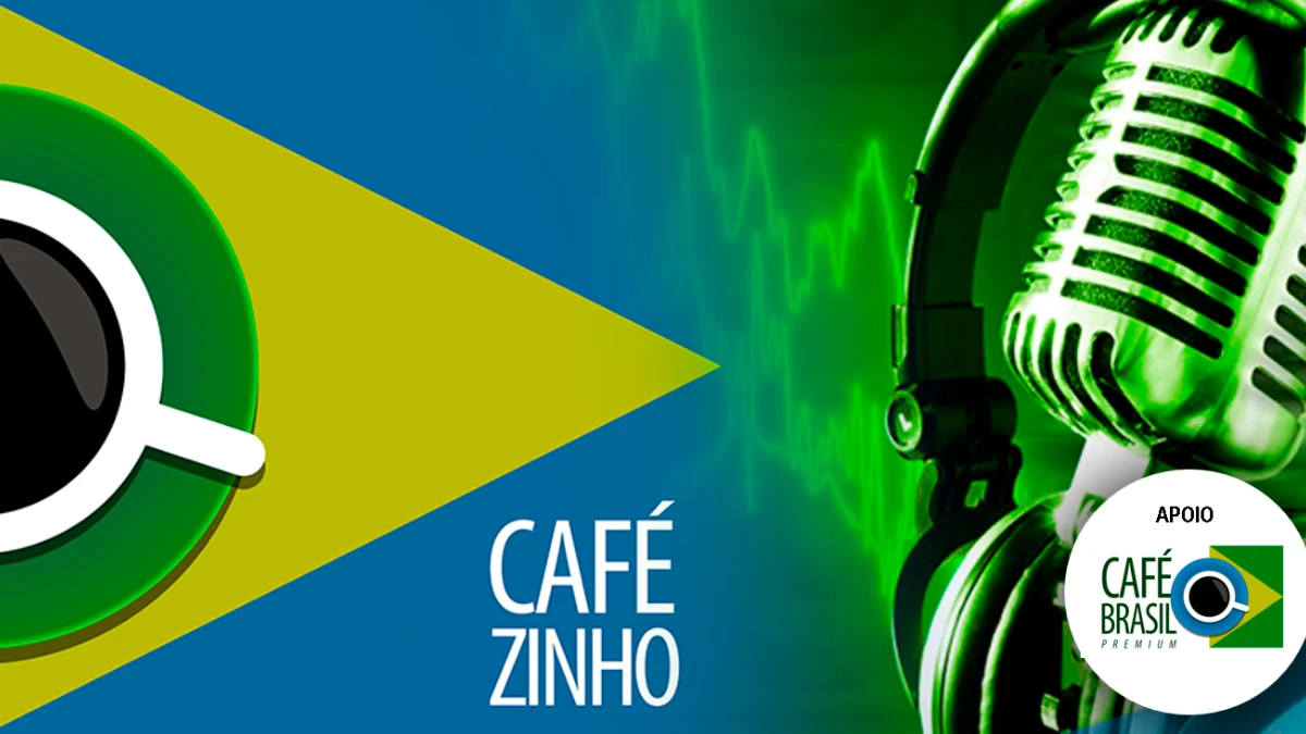 Arte do Cafezinho, podcast do Café Brasil, com xícara, bandeira do Brasil e microfone