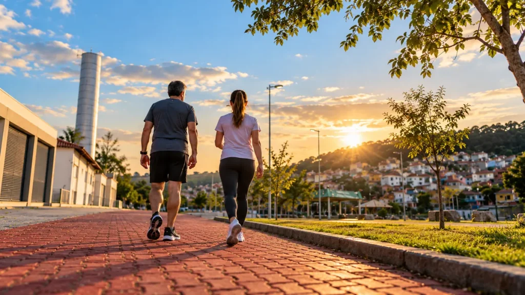 Casal caminha ao fim da tarde por calçada de bairro com árvores, em caminhada diária de 20 minutos