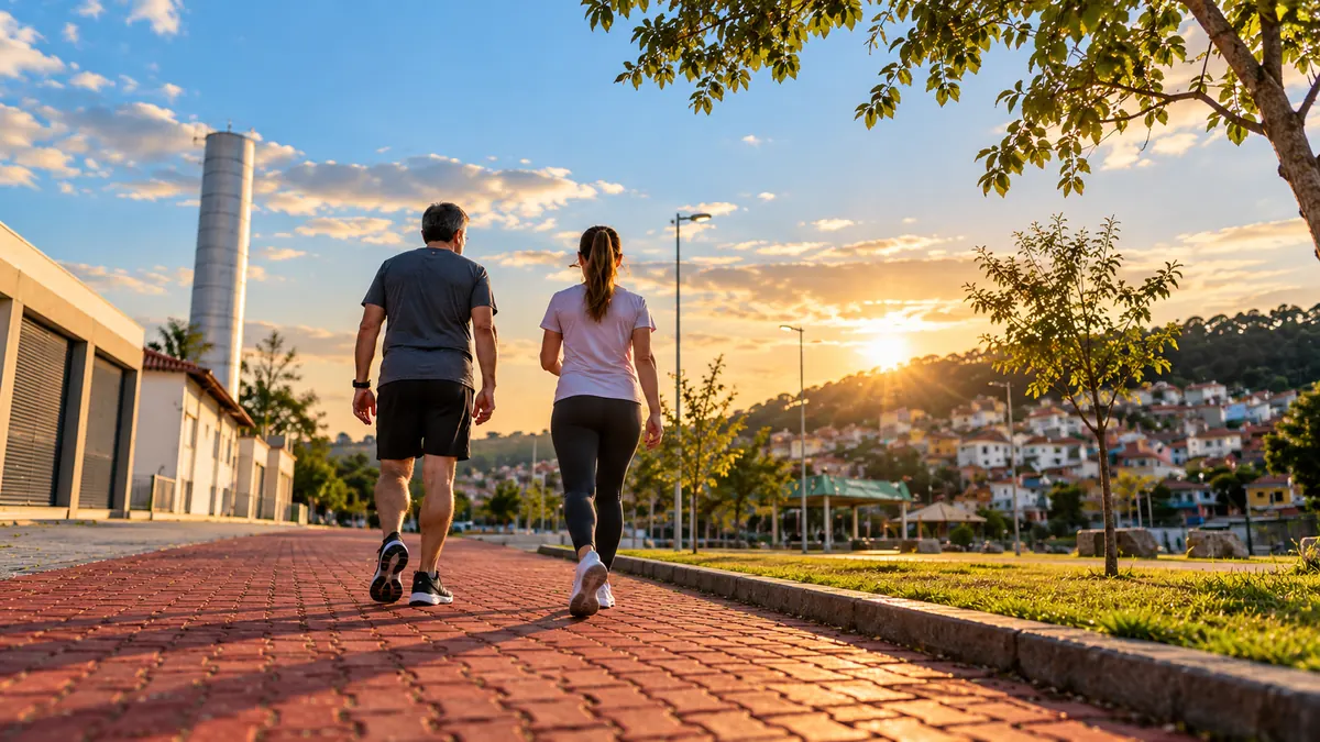 Casal caminha ao fim da tarde por calçada de bairro com árvores, em caminhada diária de 20 minutos