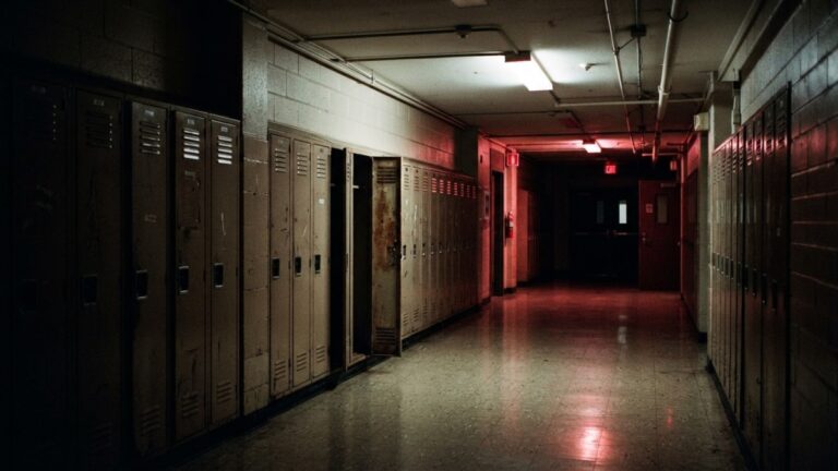 Corredor de escola com armários de metal e luz vermelha tênue à noite, clima da série Carrie, a Estranha