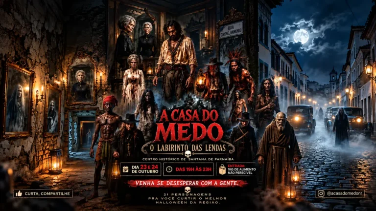 Cartaz da Casa do Medo com personagens de terror e a rua do Centro Histórico de Santana de Parnaíba ao fundo