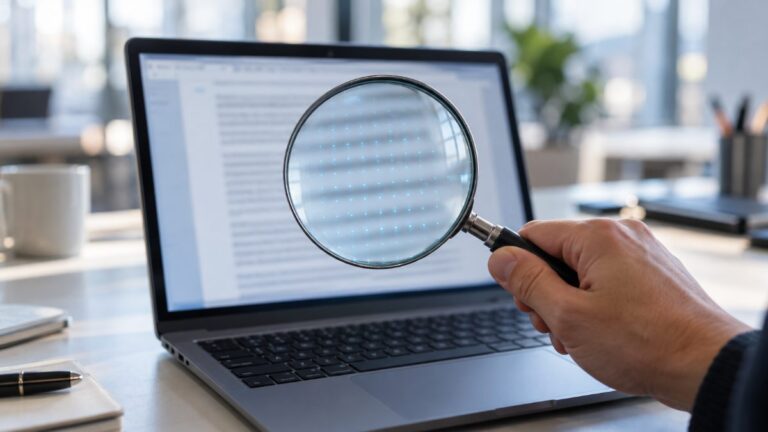 Lupa sobre a tela de um notebook revela um padrão de pontos azuis sobre um texto desfocado, em um escritório