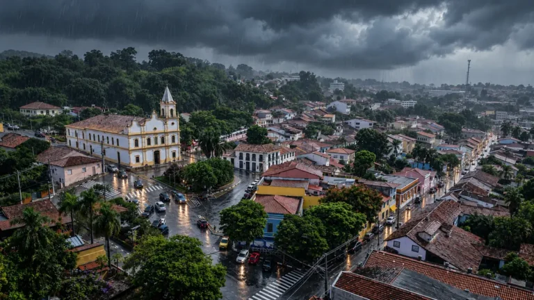 Nuvens carregadas e chuva sobre o centro de Santana de Parnaíba, com igreja branca e telhados ao fundo