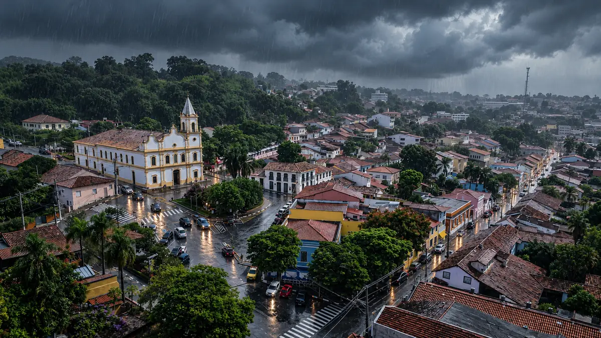 Nuvens carregadas e chuva sobre o centro de Santana de Parnaíba, com igreja branca e telhados ao fundo