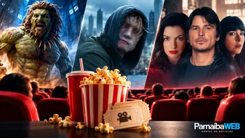 Montagem ilustrativa de cinema com personagens, pipoca e ingressos; logo ParnaíbaWEB no canto inferior direito.