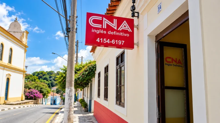 Fachada da escola de idiomas CNA Santana de Parnaíba no Centro, com placa vermelha na entrada.