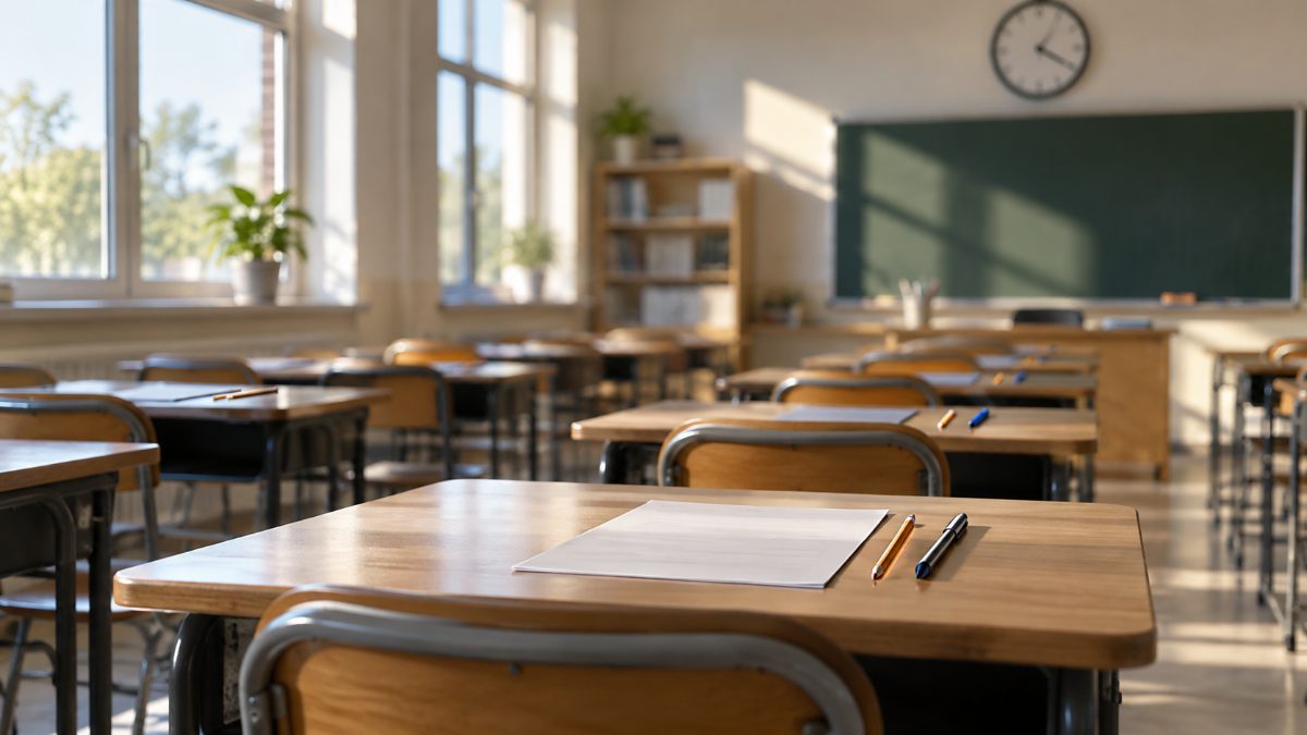 Sala de aula com carteiras enfileiradas e folhas de prova viradas para baixo, com luz entrando pelas janelas