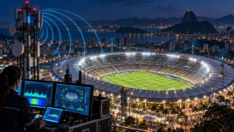 Estádio iluminado à noite no Rio de Janeiro, com torres de telecomunicação e técnica monitorando sinais em painéis.