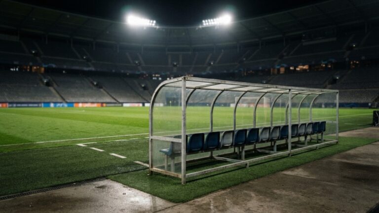 Banco de reservas vazio ao lado do gramado sob os refletores à noite, cenário da busca por novo técnico do Corinthians