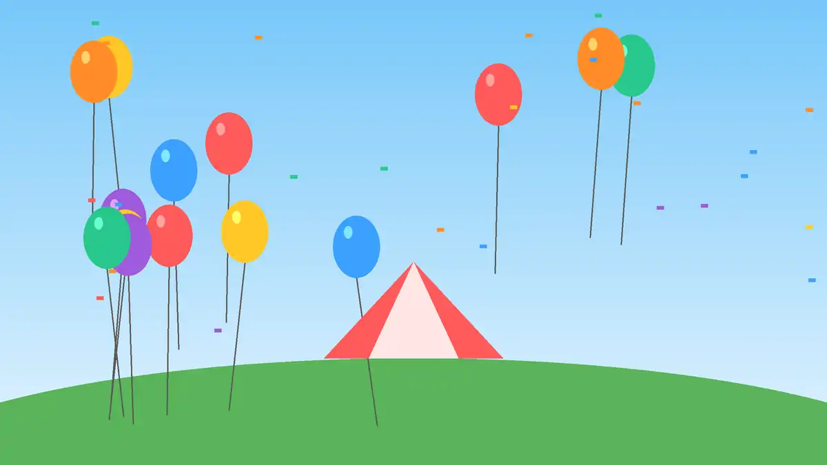 Balões coloridos, confete e tenda vermelha sobre gramado, ilustrando a festa do Dia das Crianças em Cajamar