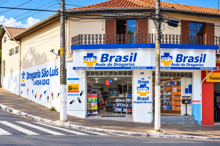 Fachada da Drogaria São Luis, da rede Mais Brasil, na Avenida Brasil, Jardim São Luís.