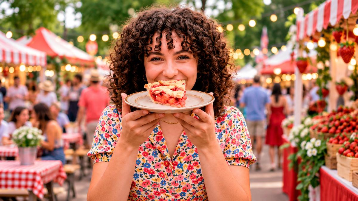 Mulher sorridente com cabelo cacheado morde uma fatia de torta de morango em uma feira com barracas listradas e morangos à venda
