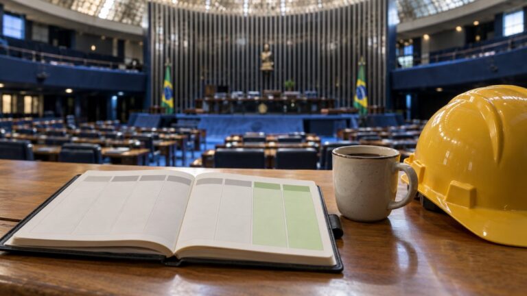 Agenda semanal aberta com dois dias de descanso em verde, ao lado de café e capacete, com o plenário do Senado ao fundo