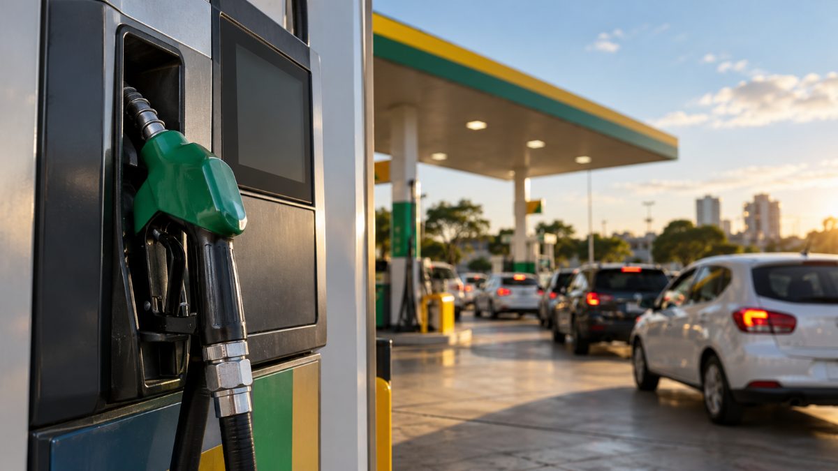 Bomba de gasolina com a pistola no suporte em um posto de combustível, com carros ao fundo