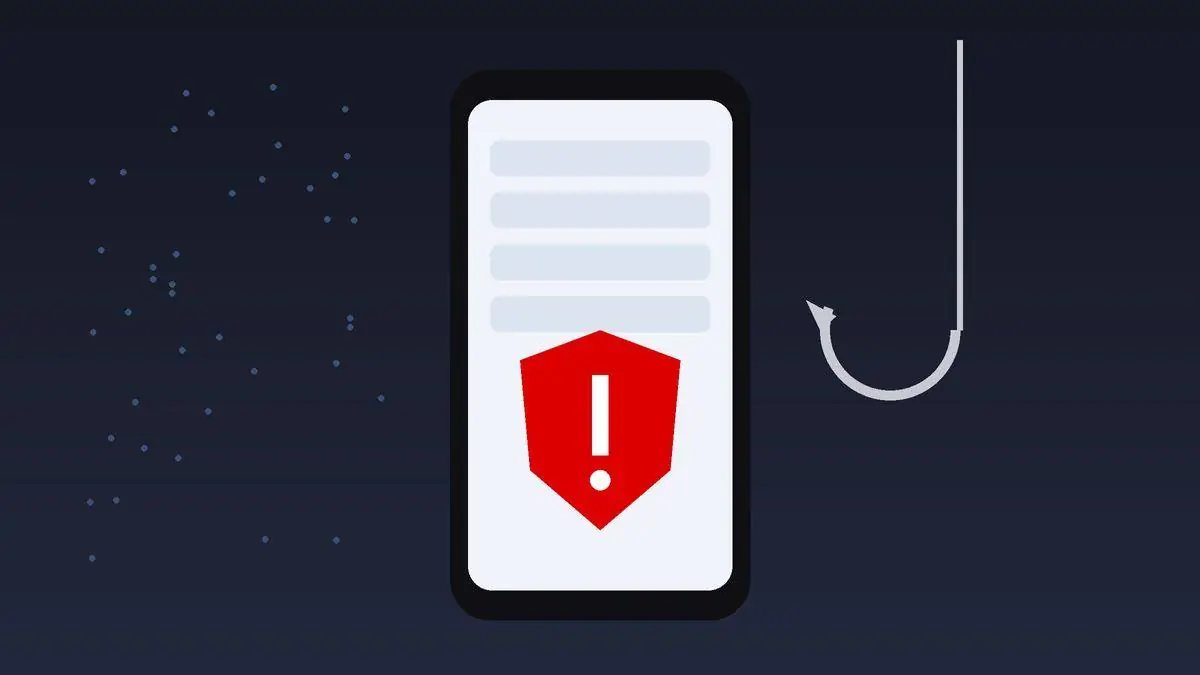 Celular com escudo vermelho de alerta na tela ao lado de um anzol, ilustrando o avanço dos golpes bancários