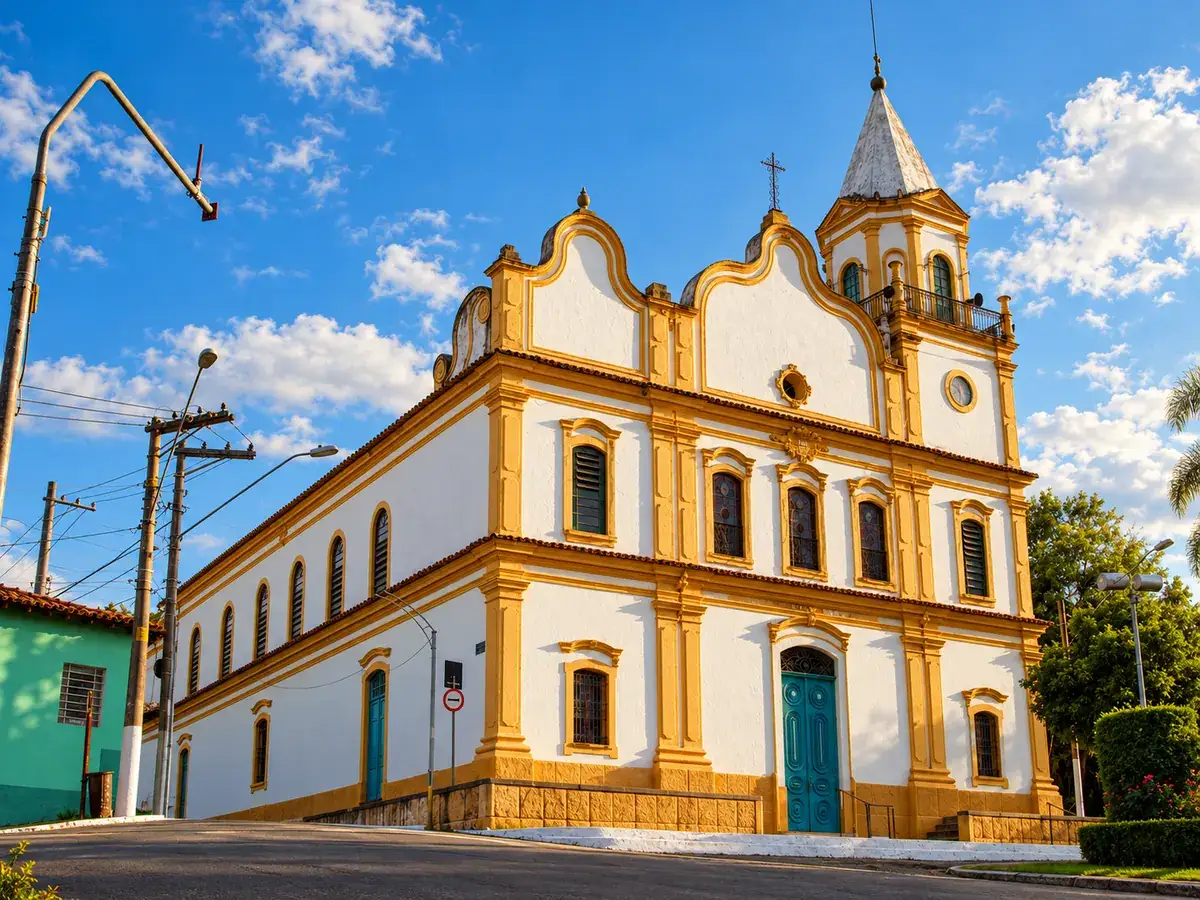 Igreja Matriz de Sant'Ana, de fachada amarela e branca, no Centro Histórico de Santana de Parnaíba
