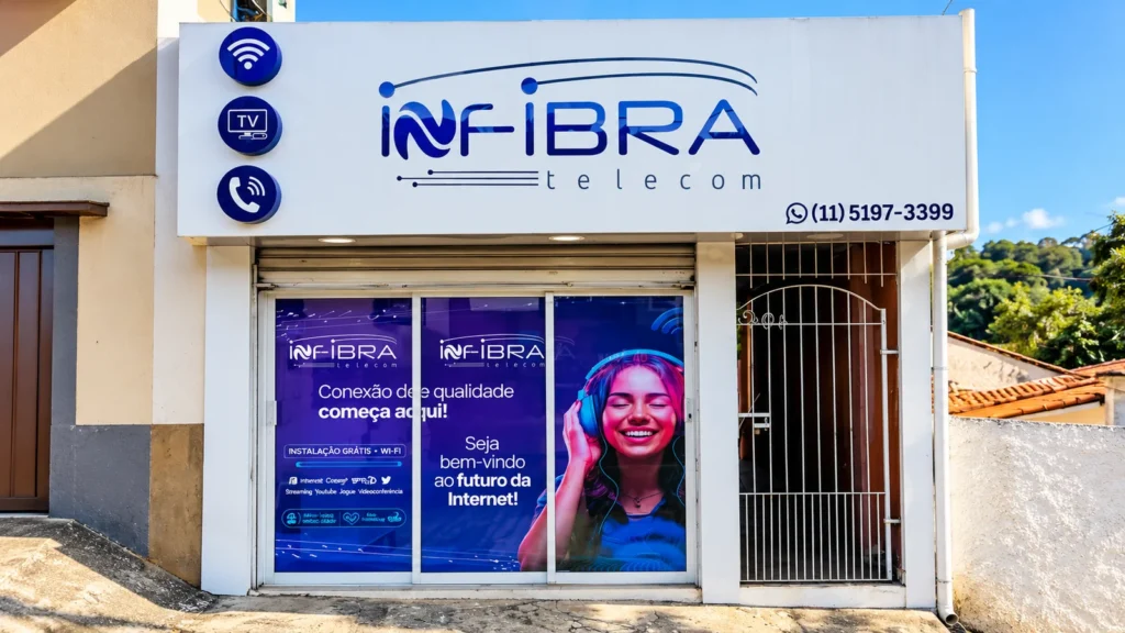 Fachada da Infibra Telecom em Santana de Parnaíba, com letreiro e entrada da loja