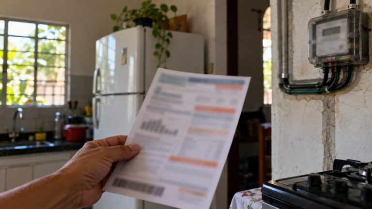 Mão segura uma conta de luz impressa em uma cozinha, com medidor de energia desfocado ao fundo
