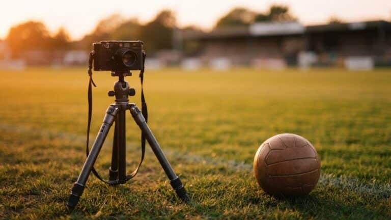 Câmera de cinema em tripé na beira de um campo ao pôr do sol, com bola na grama, ilustrando o documentário sobre Marta