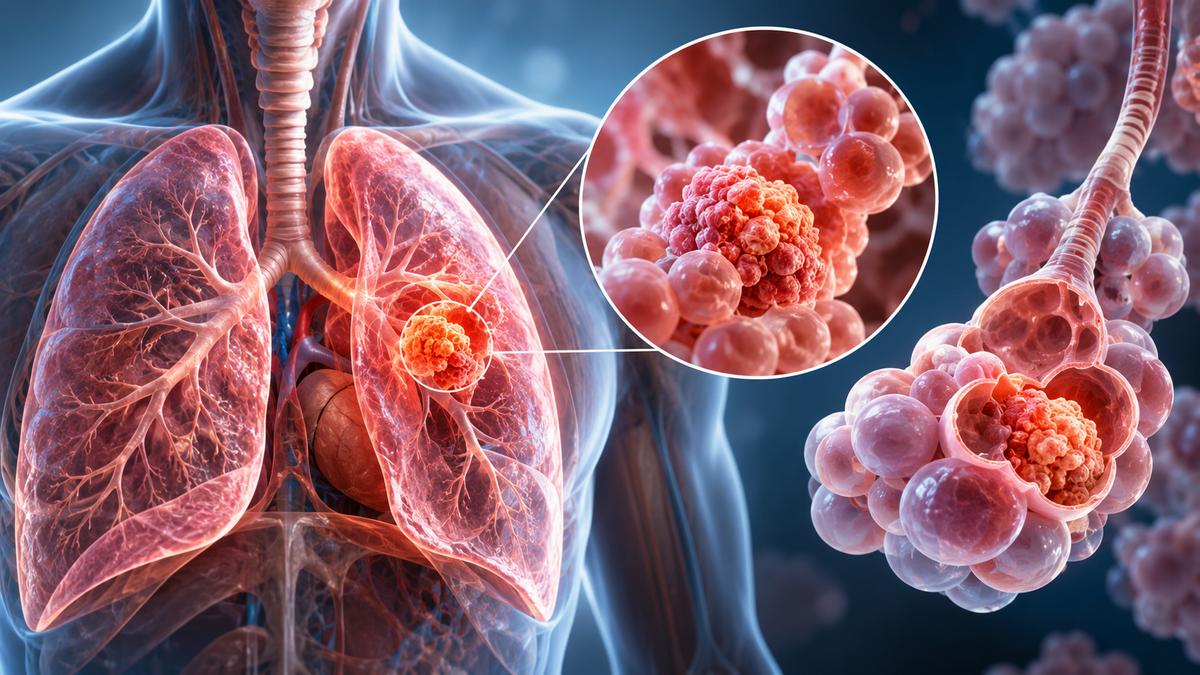 Ilustração de pulmões humanos com um tumor destacado em ampliação