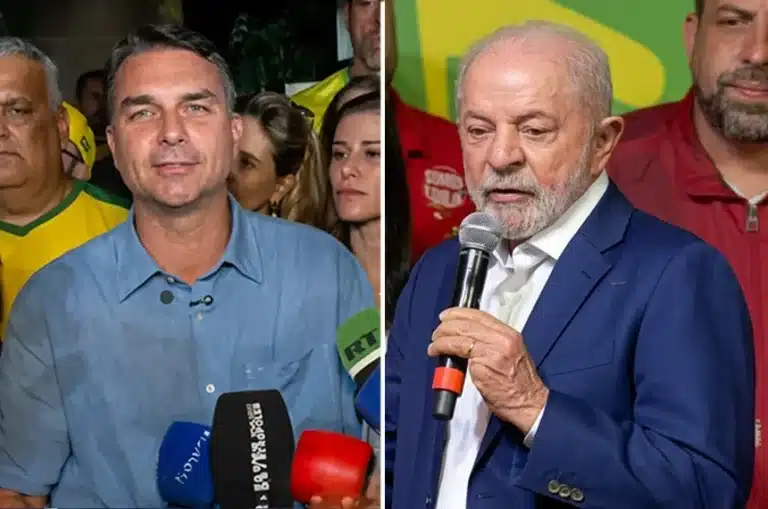 Flávio Bolsonaro e Lula em fotografias separadas, candidatos que disputam o segundo turno da eleição presidencial