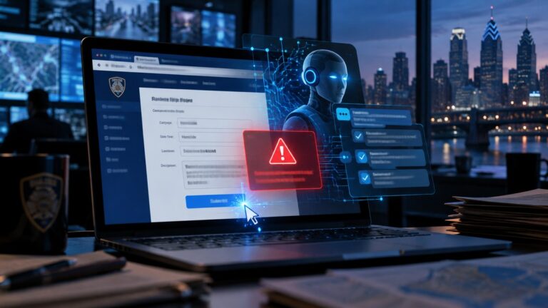 Formulário de denúncia policial em tela de notebook, com ícone de alerta vermelho e um assistente de IA ao fundo.