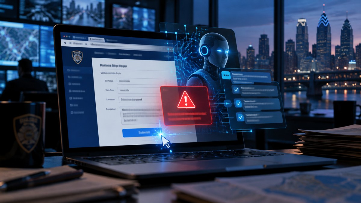 Formulário de denúncia policial em tela de notebook, com ícone de alerta vermelho e um assistente de IA ao fundo.