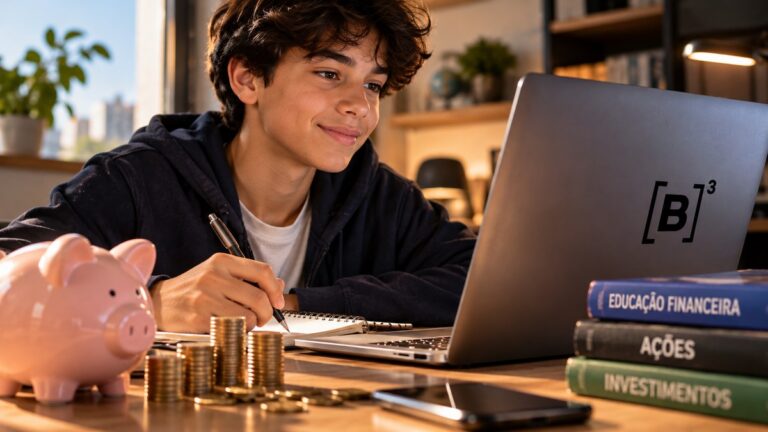Adolescente de cabelo cacheado anota em caderno ao lado de cofrinho, moedas e livros de investimentos, com notebook aberto.