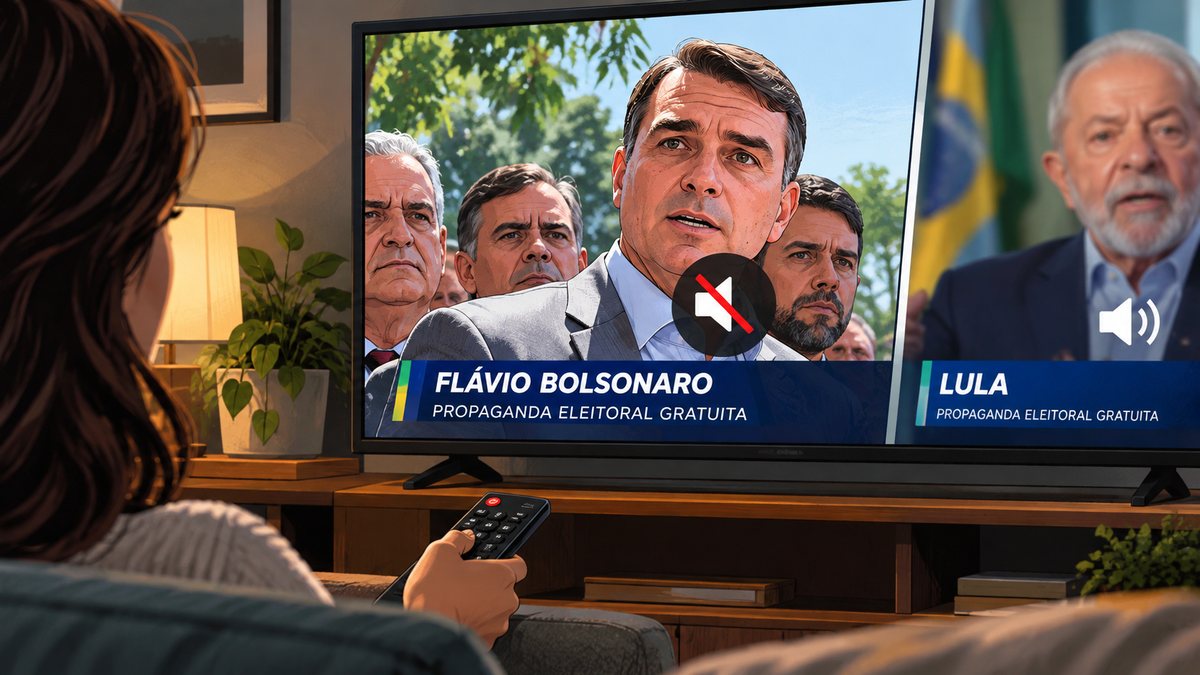 TV exibe o candidato Flávio Bolsonaro com a legenda propaganda eleitoral gratuita e ícone de som cortado.