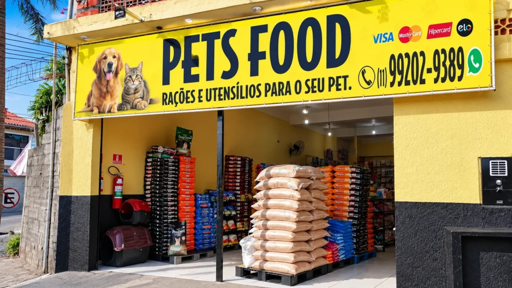 Fachada amarela da Casa de Ração Pets Food, com entrada e produtos para animais, em São Pedro.