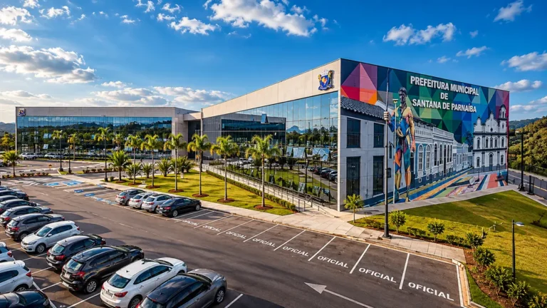 Fachada da Prefeitura Municipal de Santana de Parnaíba, com mural colorido e estacionamento em frente