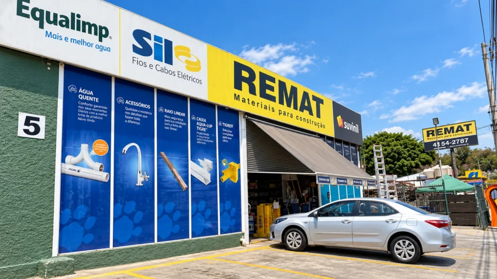 Fachada da Remat Materiais para Construção na Estrada Tenente Marques, em Santana de Parnaíba