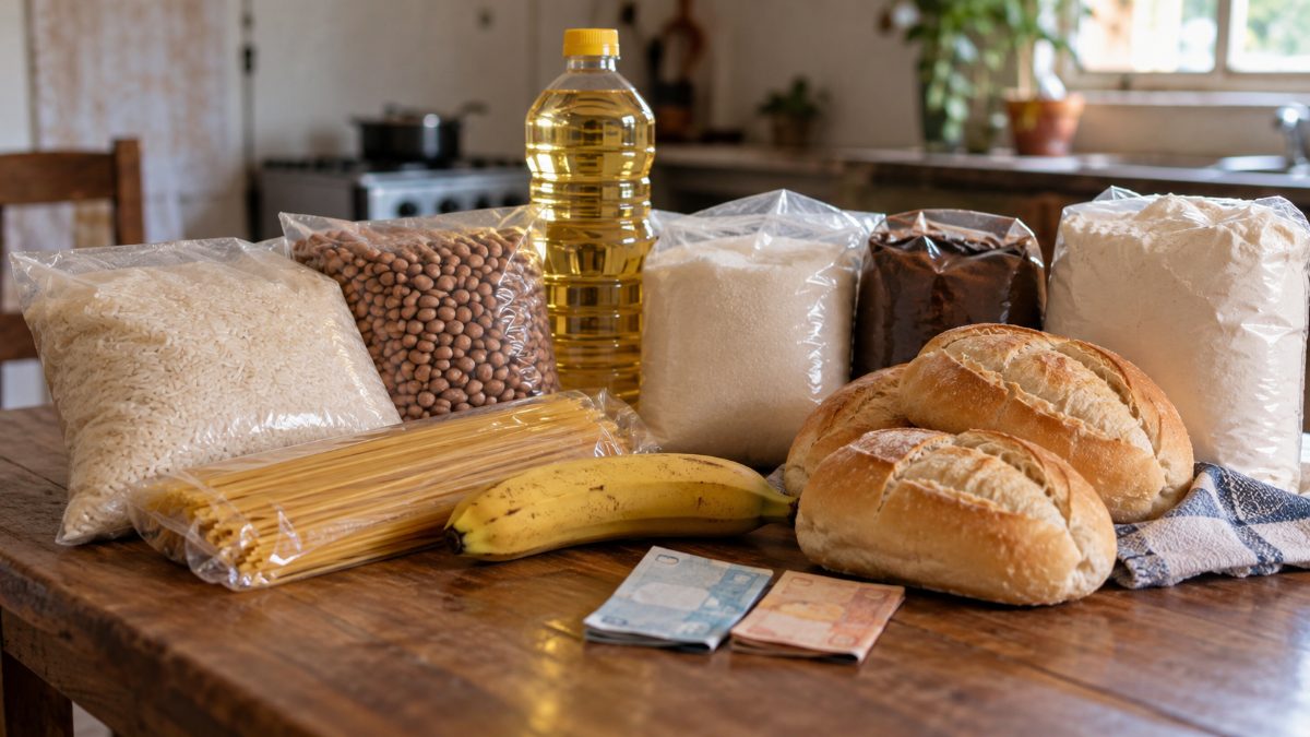 Cesta básica com arroz, feijão, óleo, café e outros alimentos sobre mesa de madeira, com duas notas ao lado