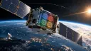 Satélite com painéis solares sobre a Terra, com quatro chips de IA coloridos visíveis no interior do módulo, ao lado de uma antena e de uma rede de comunicação