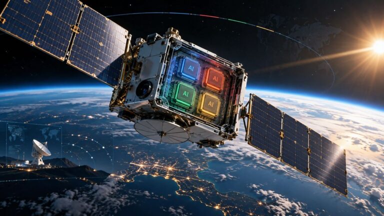 Satélite com painéis solares sobre a Terra, com quatro chips de IA coloridos visíveis no interior do módulo, ao lado de uma antena e de uma rede de comunicação