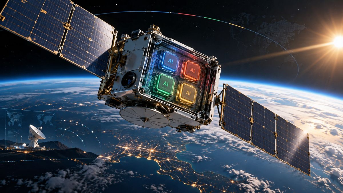 Satélite com painéis solares sobre a Terra, com quatro chips de IA coloridos visíveis no interior do módulo, ao lado de uma antena e de uma rede de comunicação